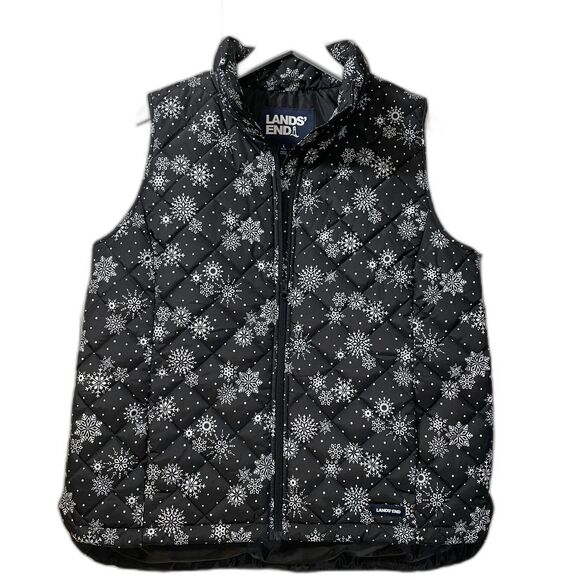 Land's End Women's Quilted Puffer Vest Black with White Snowflakes Large - Picture 1 of 9